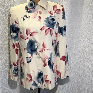 Vintage Isabella Bird Silk Floral Button-Front Jacket with Blue and Rose Print